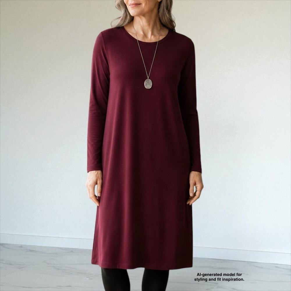 Eileen Fisher Viscose Stretch Jersey Shift Dress Burgundy Long Sleeve L / XL